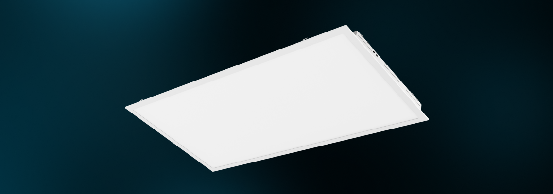 White LED panel light displayed on a dark blue background for dual selectable and low wattage backlit range